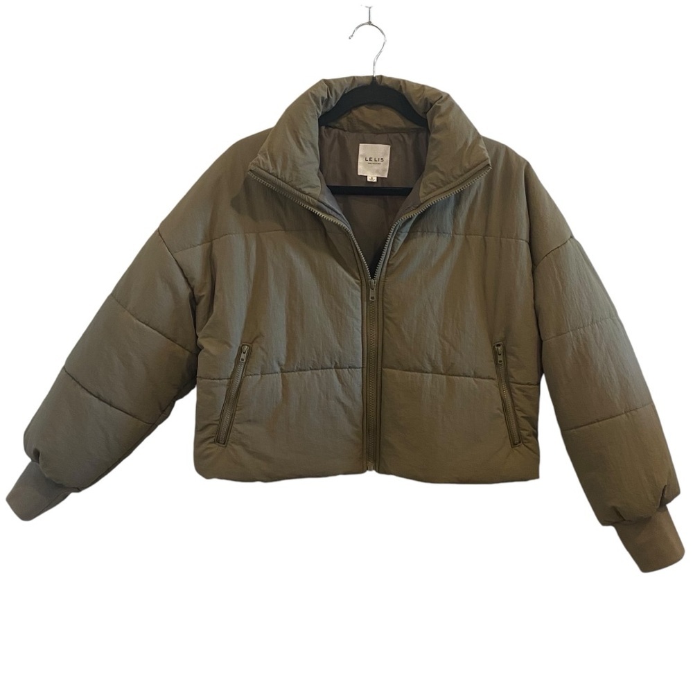 Le Lis Olive Green Cropped Puffer Jacket View 3